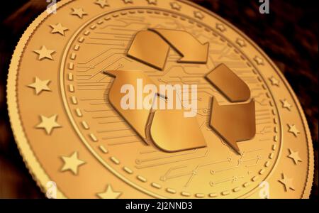 Riciclaggio, ecologia, e-rifiuti e moneta circolare monete d'oro su sfondo verde schermo. Illustrazione del concetto astratto 3D. Foto Stock