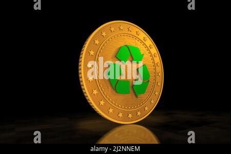Riciclaggio, ecologia, e-rifiuti e moneta circolare monete d'oro su sfondo verde schermo. Illustrazione del concetto astratto 3D. Foto Stock