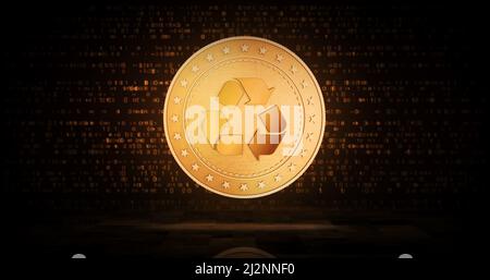 Riciclaggio, ecologia, e-rifiuti e moneta circolare monete d'oro su sfondo verde schermo. Illustrazione del concetto astratto 3D. Foto Stock