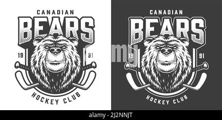 Stampa mascotte vintage Serious Bear Sport con bastoncini incrociati da hockey in un'illustrazione vettoriale isolata in stile monocromatico Illustrazione Vettoriale