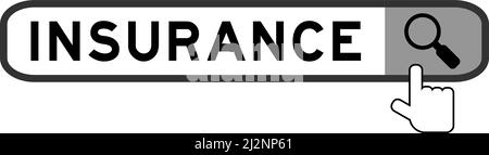 Banner di ricerca in assicurazione parola con icona lente di ingrandimento mano su sfondo bianco Illustrazione Vettoriale