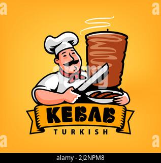 Cucina dello chef kebab. Logo della cucina araba. Emblema del menu di fast food Illustrazione Vettoriale