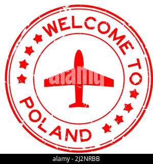 Grunge rosso benvenuto in Polonia parola con icona aeroplano rotondo sigillo di gomma timbro su sfondo bianco Illustrazione Vettoriale