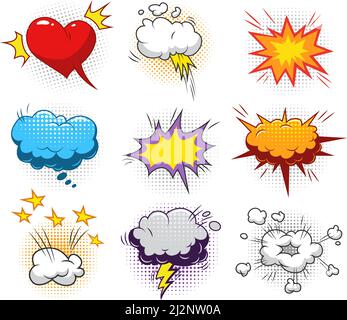 Elementi dinamici comici con nuvole di parole stelle del cuore fulmine suoni halftone ed effetti umoristici esplosivi illustrazione vettoriale isolata Illustrazione Vettoriale