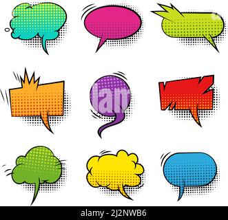 Fumetto colorato blank speech Bubbles raccolta con suono e mezzitoni effetti umoristici illustrazione vettoriale isolata Illustrazione Vettoriale