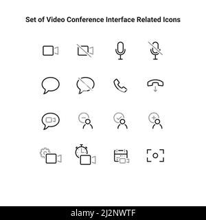 Semplice set di icone relative alla linea vettoriale dell'interfaccia per videoconferenze. Contiene icone come Condividi schermo, pulsante Mute, passa alla visualizzazione del presentatore. Illustrazione Vettoriale