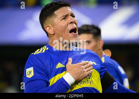 Buenos Aires, Argentina. 02nd Apr 2022. Marcos Rojo di Boca Juniors festeggia durante la partita tra Boca Juniors e Arsenal come parte della Copa de la Liga 2022 all'Estadio Alberto J. Armando.(Punteggio finale; Boca Juniors 2:2 Arsenal). (Foto di Manuel Cortina/SOPA Images/Sipa USA) Credit: Sipa USA/Alamy Live News Foto Stock