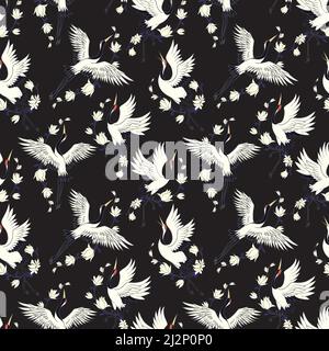 Kimono decorativo con motivi floreali pattern di sfondo con gru e fiori illustrazione vettoriale Illustrazione Vettoriale