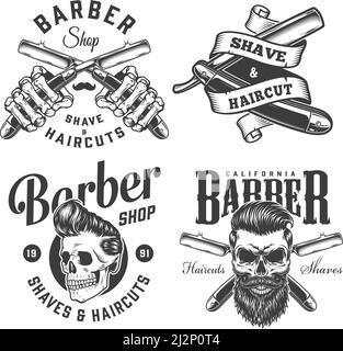 Logotipi di barbershop vintage monocromatici con le mani scheletriche che tengono i rasoi dritti eleganti e alla moda hipster teschi isolato vettore illustrazione Illustrazione Vettoriale
