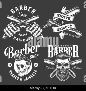 Stampe monocromatiche vintage per barbiere con le mani scheletriche che tengono i rasoi incrociati e teschi hipster con acconciature trendy isolato illustrazione vettoriale Illustrazione Vettoriale