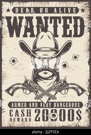 Vintage voleva poster ovest selvaggio con uomo in cappello cowboy e le pistole incrociate in un'illustrazione vettoriale in stile monocromatico Illustrazione Vettoriale
