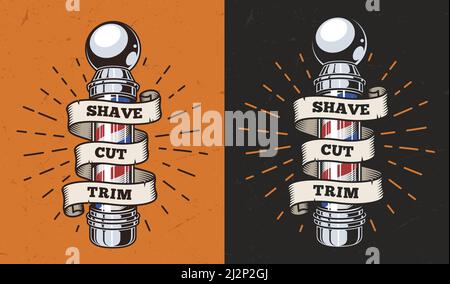 Barbershop d'epoca etichetta colorata con asta barbiere a righe e nastro intorno ad esso isolato illustrazione vettoriale Illustrazione Vettoriale
