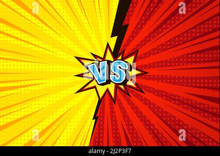 Concetto comico e competitivo con raggi radiali effetti halftone fulmine Bolle di voce blu VS lettere su sfondo giallo e rosso illusione vettoriale Illustrazione Vettoriale
