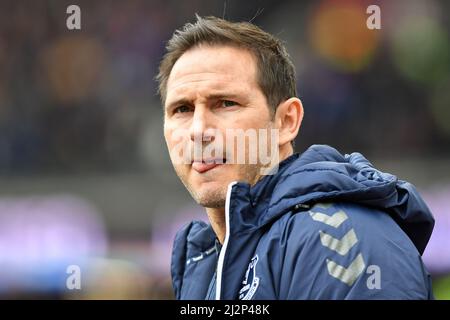 LONDRA, REGNO UNITO. APR 3rd il manager di Everton Frank Lampard guarda prima della partita della Premier League tra West Ham United ed Everton al London Stadium di Stratford domenica 3rd aprile 2022. (Credit: Ivan Yordanov | MI News) Credit: MI News & Sport /Alamy Live News Foto Stock