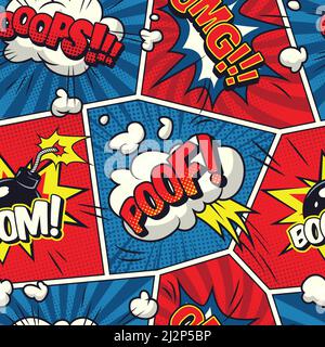 Fumetti bolle di linguaggio modello senza giunture con fumetti nuvole parole bomba effetti umoristici sull'illustrazione vettoriale dei fotogrammi rossi e blu Illustrazione Vettoriale