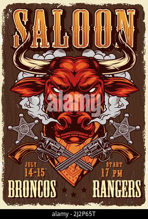Poster pubblicitario di Wild West Saloon con testa di toro rossa arrabbiata in fumo fucili incrociati sceriffi distintivi in stile vintage vettore illustrazione Illustrazione Vettoriale