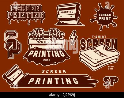 Collezione vintage di elementi per serigrafia con le mani scheletriche che tengono la spatola blot camicie lettere illustrazione vettoriale isolata Illustrazione Vettoriale