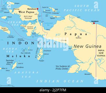 Nuova Guinea occidentale, mappa politica. Conosciuto anche come Papua. Parte occidentale dell'isola melanesiana della Nuova Guinea, amministrata dall'Indonesia. Foto Stock