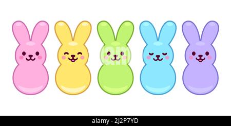 Set di coniglietti marshmallow, caramelle di Pasqua a forma di coniglio carino. Illustrazione vettoriale del cartoon Kawaii. Illustrazione Vettoriale