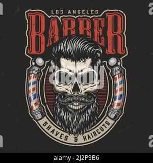 Barbiere d'epoca con stampa colorata e cranio trendy con bearded e moustached e pali barbiere isolati illustrazione vettoriale Illustrazione Vettoriale