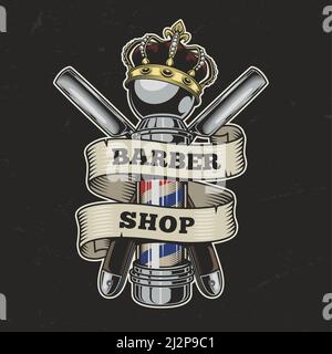 Barbiere d'epoca con logo colorato con rasoi dritti e corona illustrazione vettoriale isolata con palo da barbiere Illustrazione Vettoriale