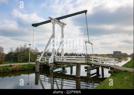 Tradizionale ponte di legno olandese su un canale nella città di Nieuwerkerk aan den IJssel, Paesi Bassi. Foto Stock