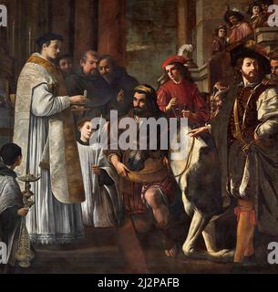 St Antonio da Padova e il miracolo del mulo - olio su tela - Giovanni Van Gembes - 1630 - Ferrara, Italia, chiesa di S. Francis of AS Foto Stock