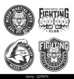 Badge vintage monocromatici Fight club con teste di pitbull pugni maschili e forte braccio di combattimento isolato vettore illustrazione Illustrazione Vettoriale