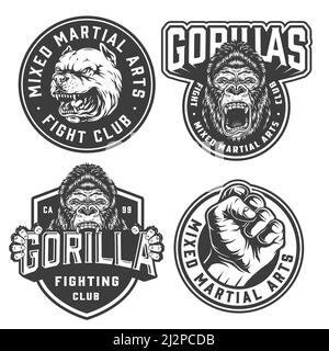 Vintage Fight club etichette monocromatiche con gorilla arrabbiato e pitbull teste e combattente maschio per esempio vettoriale isolato Illustrazione Vettoriale