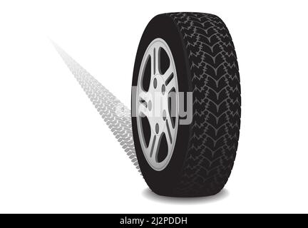 Ruota vettoriale realistica con carreggiata, cerchione in metallo e stampa dettagliata in gomma. Illustrazione Vettoriale
