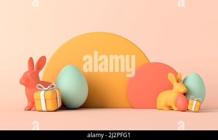 Buon sfondo pasquale con uova di coniglio e regali di pasqua. 3D rendering Foto Stock