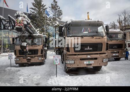 Mosca, Russia. 3rd aprile, 2022 veicoli MAZ in esposizione ad una mostra di prodotti all'avanguardia che esponga l'industria ingegneristica russa e bielorussa, presso il centro fieristico VDNKh. La mostra è stata inaugurata il giorno dell'unità tra i popoli di Russia e Bielorussia, che si celebra ogni anno il 2 aprile Foto Stock