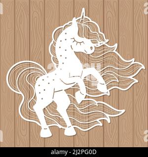 Dima per taglio laser. Unicorno con una mana lunga. Vettore Illustrazione Vettoriale