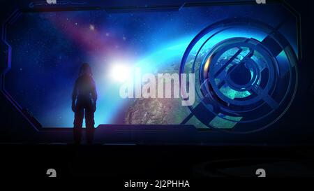 Spaceman del futuro in orbita terrestre, 3D resa. Foto Stock