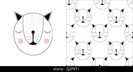 Carino orso addormentato disegnato a mano. Rosa in evidenza. Poster vettoriale semplice stile infantile. Bella nursery Art. Sognare orso bianco. Orso di carino di schizzo grigio Illustrazione Vettoriale