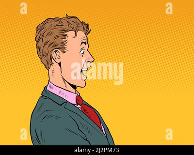 L'uomo sorpreso è un uomo d'affari, emozioni umane. Eccitamento delizia shock. Pop Art retro Vector Illustration 50s 60s Vintage kitsch style Illustrazione Vettoriale