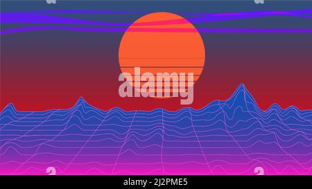 sole montagne orizzonte astratto sfondo 80e stile, luminoso vintage retrò Pop Art retro illustrazione vettoriale 80s Kitsch Vintage Style Illustrazione Vettoriale