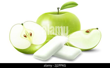 Cuscinetti realistici di gomma a bolle con aroma di mela verde. Gomme da masticare per denti sani, respirazione fresca e igiene dentale. Caramelle dolci rinfrescanti, 3D Illustrazione Vettoriale