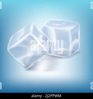 Set di cubi di ghiaccio translucidi realistici di colore blu isolati su sfondo blu. Acqua fresca congelata fredda di forma quadrata. Blocchi di cristallo per CO Illustrazione Vettoriale