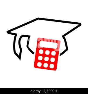 Cappello di graduazione e vettore di icone calcolatrice. Concetto di risparmiare il costo dell'istruzione o calcolare il costo dell'istruzione. Illustrazione Vettoriale