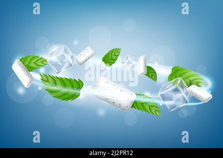 Chewing Gum aromatico creativo Promo Banner Vector. Pezzi di gomma da masticare, foglie verdi di menta e cubetti di ghiaccio sul poster pubblicitario. Vettore realistico 3D, iso Illustrazione Vettoriale