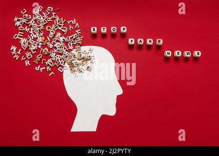 Stop Fake News Concept. Profilo della testa umana, molte lettere di legno e messaggi di testo diversi Foto Stock
