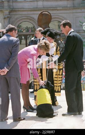 La principessa Diana di HRH, la Principessa del Galles, incontra la gente di Birmingham, Midlands, Inghilterra mentre apre Victoria Square. Qui la Principessa patte la testa di un cane. Foto scattata il 6th maggio 1993 Foto Stock