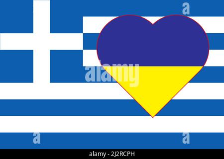 Un cuore dipinto nei colori della bandiera dell'Ucraina sulla bandiera della Grecia. Illustrazione di un cuore blu e giallo sul simbolo nazionale. Foto Stock