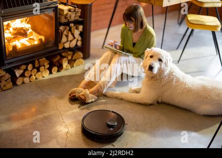 Robot aspirapolvere con un cane a pulire la moquette beige. Il concetto di  pulizia e confort di casa Foto stock - Alamy