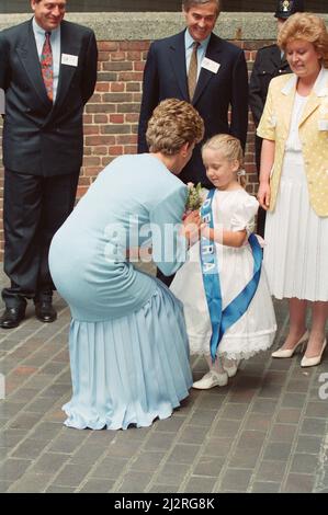 HRH la Principessa del Galles, la Principessa Diana, che è patrona della distrofica Epidermolisi Bulosa Research Association, partecipa a un pranzo presso la Worshipful Company of Ironmongers, Ironmonger's Hall, Barbican, Londra, EC2. Foto scattata il 24th giugno 1993 Foto Stock