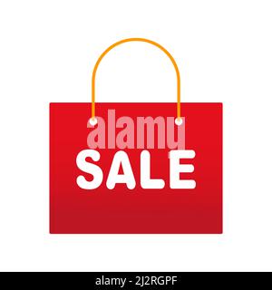 Pacchetto per gli acquisti. Shopping bag con iscrizione alla vendita. Vettore isolato su bianco Illustrazione Vettoriale