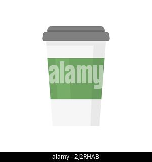 Tazza da caffè con supporto verde. Tazza da caffè in plastica. Illustrazione vettoriale isolata su bianco. Illustrazione Vettoriale
