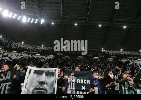 Torino, Italia. 03rd Apr 2022. Juventus surpoirters durante il campionato italiano Serie A football match tra Juventus FC e FC Internazionale il 3 aprile 2022 allo stadio Allianz di Torino - Photo Nderim Kaceli/DPPI Credit: DPPI Media/Alamy Live News Foto Stock