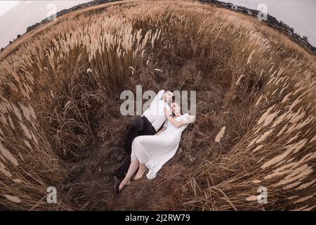 Gli amanti felici camminano insieme nel campo. Una coppia innamorata si adagiò sull'erba alla fine dell'estate. Una brunetta in un abito leggero. Storia d'amore. Foto Stock